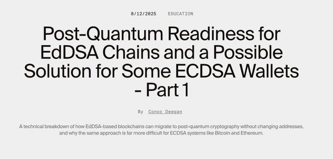 A blog post header from 8/12/2025 in the Education category, titled "Post-Quantum Readiness for EdDSA Chains and a Possible Solution for Some ECDSA Wallets - Part 1" by Conor Keegan, with a subtitle describing it as a technical breakdown of how EdDSA-based blockchains can migrate to post-quantum cryptography. The post, related to Sui Network's planned ML-DSA (FIPS-204) and SLH-DSA (FIPS-205) support by Q1 2027, discusses how account aliases enable quantum-resistant upgrades for EdDSA chains, a strategy that is more difficult to apply to ECDSA-based systems like Bitcoin and Ethereum.