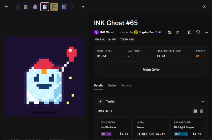A digital marketplace displays INK Ghost #65 (ERC721), a pixel-art ghost NFT with a red balloon accessory on a midnight purple background, listed with a best offer of $1.34 and a collection floor of $1.44, belonging to "Crypto-Czar51." The ghostly figure holding a balloon visually reinforces the "ThINK you" pun playing on the INK collection's name.
