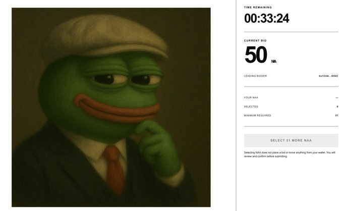 A digital art auction page showing a sad Pepe the Frog character in a suit and flat cap, with 33 minutes remaining and a leading bid of "50 NA".
