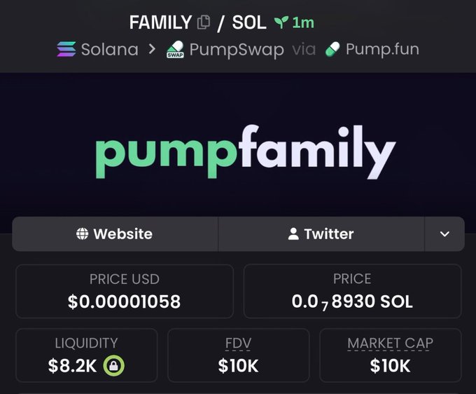 A crypto token page for 'pumpfamily' on the Solana blockchain via PumpSwap, showing a price of $0.00001058, liquidity of $8.2K, and FDV/market cap of $10K.
