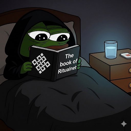 urn of water on nightstand beside bed, frog reading book with eyes closed and mouth open, cartoon frog wearing black hoodie.