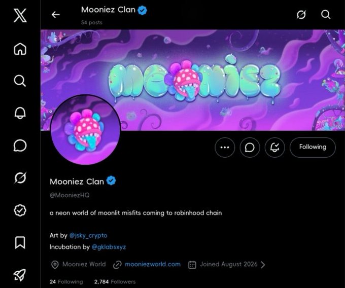 X/Twitter profile page for 'Mooniez Clan' (@MooniezHQ), described as 'a neon world of moonlit misfits coming to robinhood chain' with art by @isky_crypto.