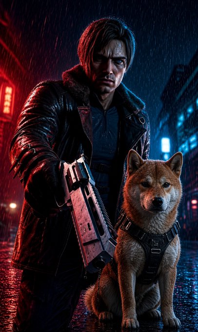 A cinematic image shows a stern-looking man in a dark leather coat holding a futuristic rifle, accompanied by a Shiba Inu dog wearing a tactical harness in a rainy, neon-lit urban setting.
