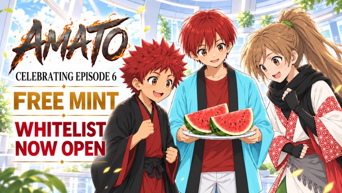 The promotional image features three anime-style characters—one with red spiky hair, another with short red hair holding a plate of watermelon slices, and a third with long brown hair in a ponytail wearing a kimono. Text overlay reads "AMATO — Celebrating Episode 6, FREE MINT, WHITELIST NOW OPEN," announcing the whitelist registration for the AMATO Episode 6 free mint, with characters themed around Japanese culture matching the project's IP.