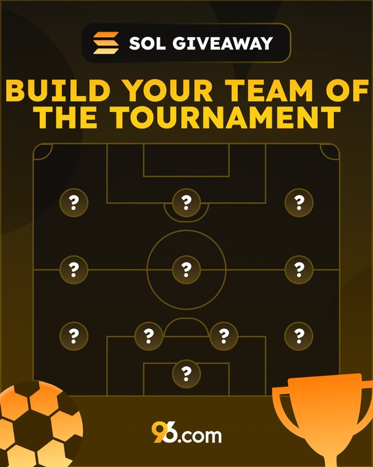 A "SOL GIVEAWAY" promotional graphic by 96.com invites users to "BUILD YOUR TEAM OF THE TOURNAMENT" on a black soccer field graphic with question mark placeholders for a starting XI, accompanied by a soccer ball and trophy illustration, tying directly to the post's request for participants to submit their lineup for a chance to win SOL.