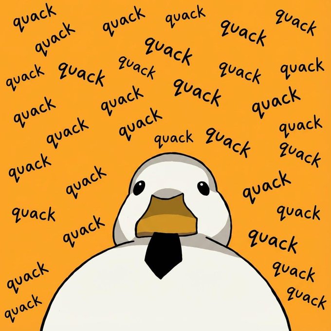 The image features a cartoon duck with a black tie, surrounded by numerous text elements that read "quack" or "quack", possibly indicating a theme related to ducks or a specific message about the importance of communication and understanding. The duck is positioned in the center of the image, drawing attention to itself as the main subject.