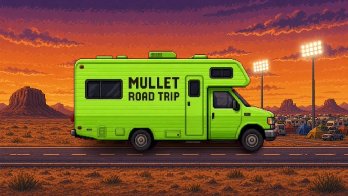 A digital illustration of a neon green RV with "MULLET ROAD TRIP" written on its side, parked on a desert road at sunset with rock formations and stadium lights in the background.