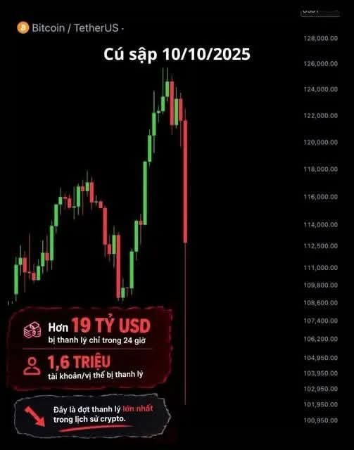 A Bitcoin/TetherUS price chart shows a 'Cú sập 10/10/2025' (Crash 10/10/2025) with the price dropping sharply from around 124,000, noting 'Hơn 19 TỶ USD bị thanh lý' (Over 19 billion USD liquidated) and '1,6 TRIỆU tài khoản/vị thế bị thanh lý,' described as the largest liquidation in crypto history.