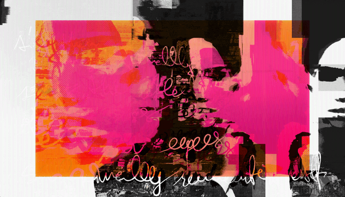 An abstract digital artwork featuring pink and orange tones with distorted imagery and white cursive script overlaid on the composition.