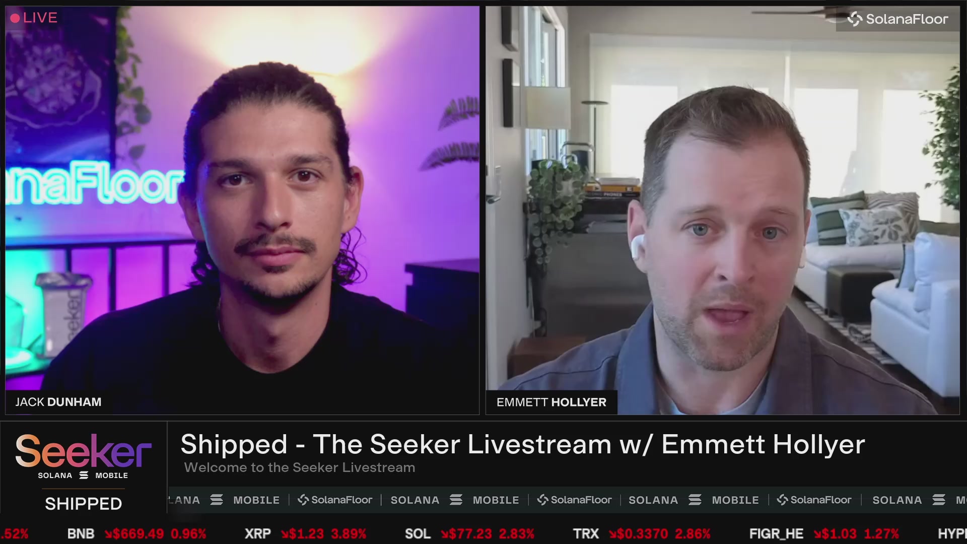 The image shows a computer screen displaying two men's faces with their names and the title "Shipped! The Seeker Live Stream" written below them. They are both wearing black shirts, which makes them easily identifiable as hosts of the live stream. The background features a purple wall adorned with a neon sign that reads "maf".