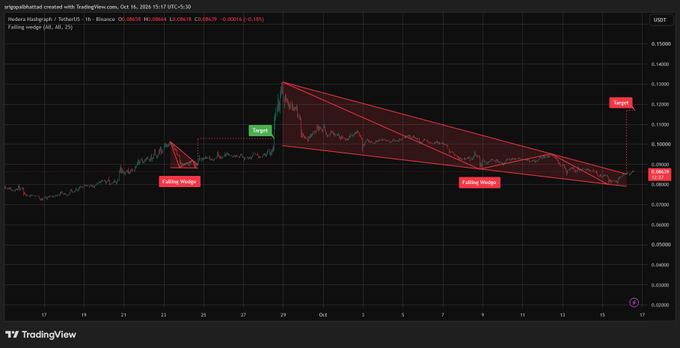 A TradingView chart for Hedera Hashgraph (HBAR/USDT) showing a 'Falling Wedge' pattern with both a 'Target' near 0.1389 and a 'Stop' near 0.0868 marked.