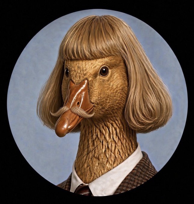 Surreal portrait of a duck with a blonde bob haircut and a curled mustache, wearing a brown suit jacket, white shirt, and tie against a blue circular background.