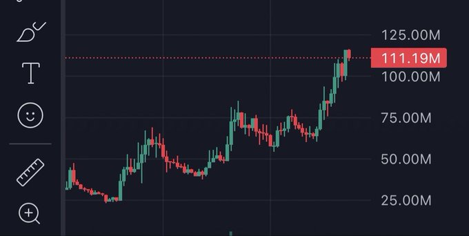 A cryptocurrency price chart displays a steady uptrend with candlesticks rising from around $25M to a highlighted value of 111.19M, nearing the 125.00M level, supporting the claim about $CATE reaching a $110M market cap with most holders in profit.