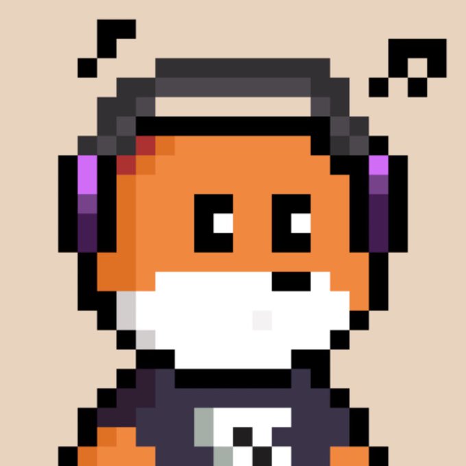 A pixel art character with orange skin and purple headphones appears against a peach background, featuring musical note pixel decorations.