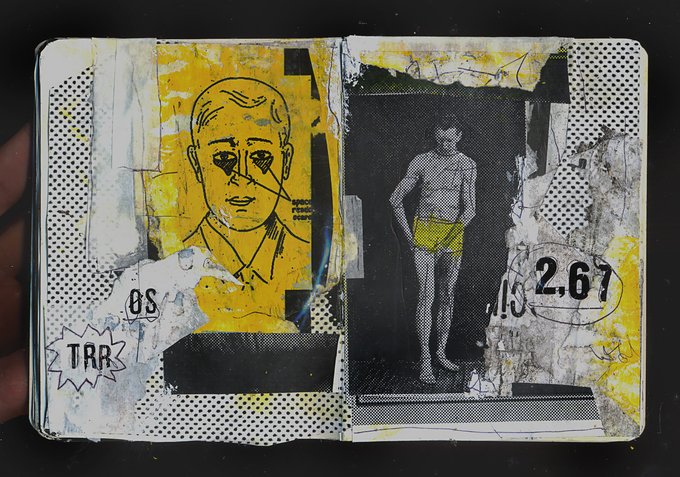 An open mixed-media art journal featuring collaged images of vintage portraits in yellow and black tones, with text elements including '2,67' and 'TAR'.