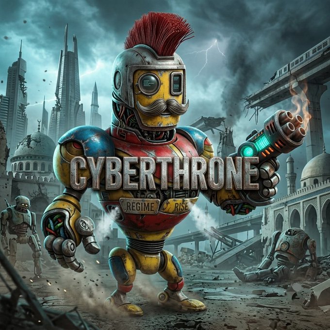 Digital art featuring a robot character with a red mohawk and mustache titled 'CYBERTHRONE' holding a weapon in a post-apocalyptic cityscape.