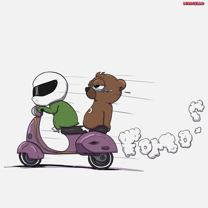 Humor cartoon by Manicello showing a brown bear crying while riding on the back of a Vespa scooter driven by a figure in a white helmet, with 'forro' written in cloud-like smoke.