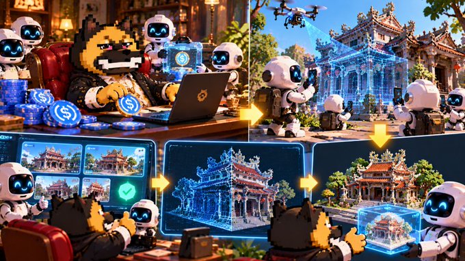 A collage of stylized 3D digital artwork showing various small white robots and a pixel-art lion character interacting with digital blueprints of Asian-style temples and holograms. The robots and lion are seen using laptops and other technology across the different scenes.