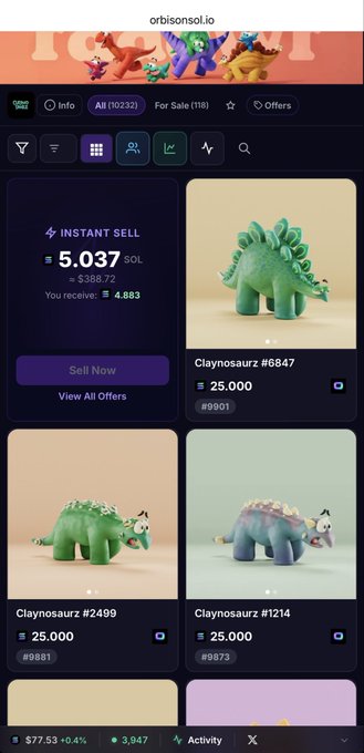 Marketplace listing page on orbisonsol.io showing NFT listings of 3D dinosaur figurines ('Claynosaurz') with prices listed in SOL, including an instant sell option for 5.037 SOL.