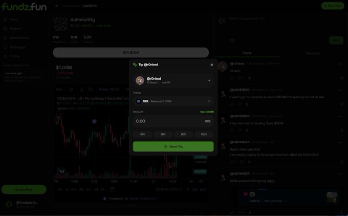 The image shows a screenshot of a fundz.fun trading platform, which has an open window displaying various information about a specific user's transaction. This particular user is an Instagram user who has posted a photo related to their tipping account. The main focus of the screenshot is a green button that appears to be labeled as "tip", possibly indicating the start of the tip payout process for the user's Instagram post.

The image also features other elements, such as text and icons representing different aspects of the fundz.fun platform or community management functions. The overall scene suggests that the fundz.fun user is actively engaging with their tipping account and interacting with others within the community through this platform.