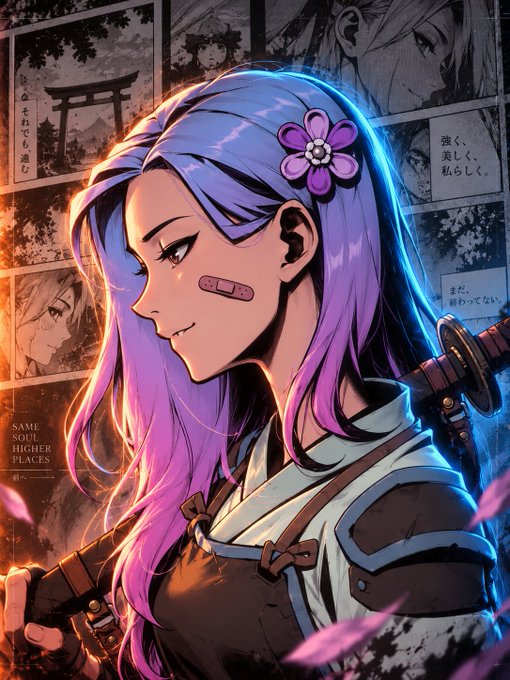 An anime-style illustration depicts a girl with purple and blue hair adorned with a flower, holding a sword, with manga panels and Japanese text in the background along with the English text 'SAME SOUL HIGHER PLACES'.
