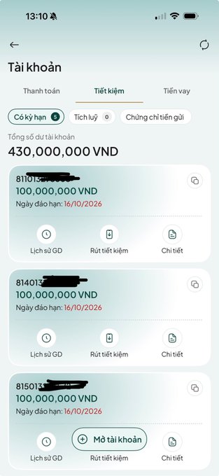 A Vietnamese mobile banking app screenshot titled 'Tài khoản' (Accounts) showing three savings accounts, each holding 100,000,000 VNĐ with a maturity date of 16/10/2026.
