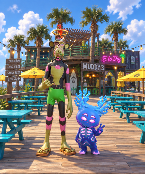 A 3D-rendered scene showing a tall green alien-like character in green shorts and a smaller blue character standing on a boardwalk outside a restaurant called 'MUDDY'S' with signs reading 'E to Dig' and 'COLD DRINKS GOOD VIBES SANDY FEET'.