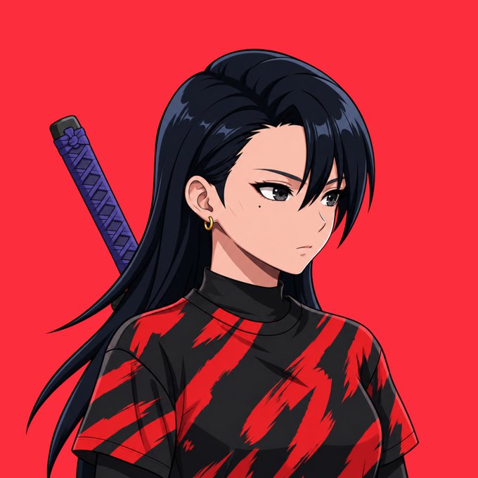 An anime-style female warrior with long black hair and a katana stands against a red background, her serious expression and battle-ready stance mirroring the bold, attention-grabbing nature of the @0xhazels NFT project—a "first and only" pioneering venture that positions holders as warriors on the frontier of Web3 innovation.