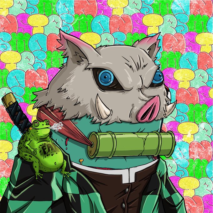 Anime artwork of Inosuke from Demon Slayer wearing his signature boar mask, with a colorful psychedelic background and a frog smoking perched on a bamboo segment.