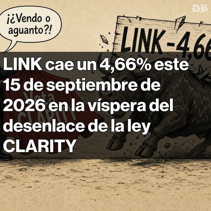 A comic-style illustration of a bull charging with a 'LINK -4,66%' sign, alongside a matador labeled 'CLARITY', with a speech bubble asking '¿Vendo o aguanto?!' and overlay text reading 'LINK cae un 4,66% este 15 de septiembre de 2026 en la víspera del desenlace de la ley CLARITY'.