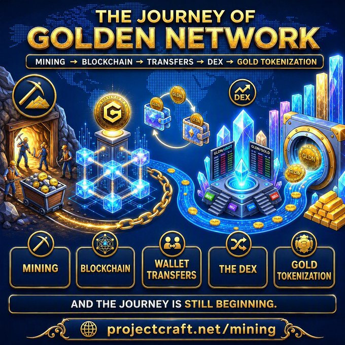 A vibrant infographic titled 'THE JOURNEY OF GOLDEN NETWORK' depicting the progression of Mining → Blockchain → Transfers → DEX → Gold Tokenization, featuring a gold 'G' coin, treasure chest, and glowing crystals, with the URL 'projectcraft.net/mining'.