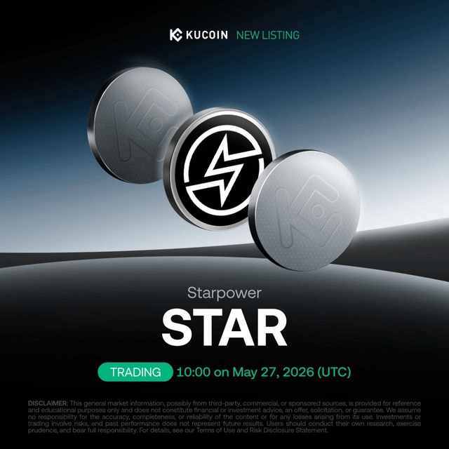 The image features three coins floating in mid-air, with a large "STAR" symbol in the center of each coin. The background of the image is black, which contrasts with the white text that reads "New Listing". Below this, there's some text that says "This is a post about KuCoin", and it also mentions an event happening on May 27th at 10:00 AM.