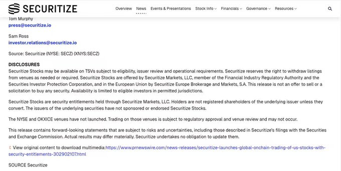 A Securitize press release image showing contact details for Tom Murphy and Sam Ross, with disclosures explaining that Securitize Stocks are securities entitlements held through Securitize Markets LLC, where holders are not registered shareholders of the underlying issuer—illustrating the key point about tokenized stocks potentially separating ownership rights from shareholder registration.