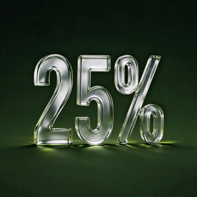 A 3D rendering of the number "25%" in clear, glossy glass-like lettering against a dark green background.