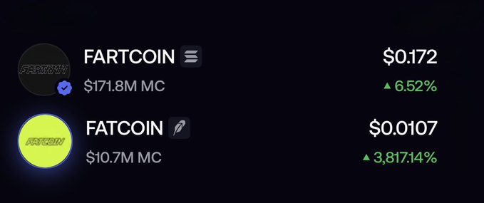 A cryptocurrency tracker display showing FARTCOIN at $0.172 (▲6.52%, $171.8M market cap) and FATCOIN at $0.0107 (▲3,817.14%, $10.7M market cap).