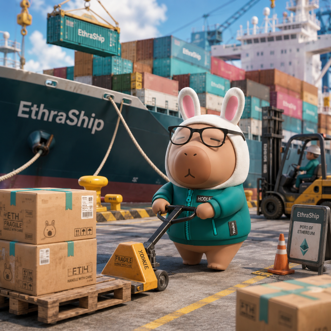 A 3D-rendered character in a rabbit costume pushes a pallet jack loaded with boxes labeled 'FRAGILE' at a port with a ship named 'EthraShip' in the background.
