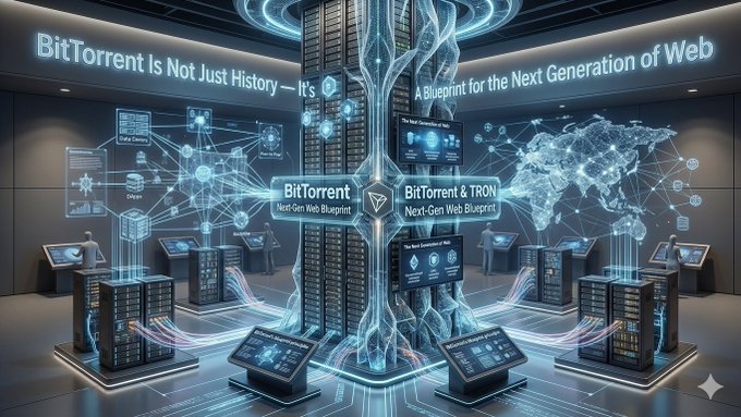 The image features a large display with a lot of information about BitTorrent technology. The display includes multiple screens showing different aspects of BitTorrent, such as the history of the technology or the current state of the industry. There are also several servers represented in the scene, which could be related to the BitTorrent network. The overall atmosphere suggests that this is an educational exhibit showcasing the technology and its impact on the world.