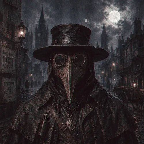 A dark, atmospheric gothic illustration of a plague doctor wearing a wide-brimmed black hat and a long-beaked mask with goggles, standing in a moonlit Victorian street with gas lamps and a distant cathedral.