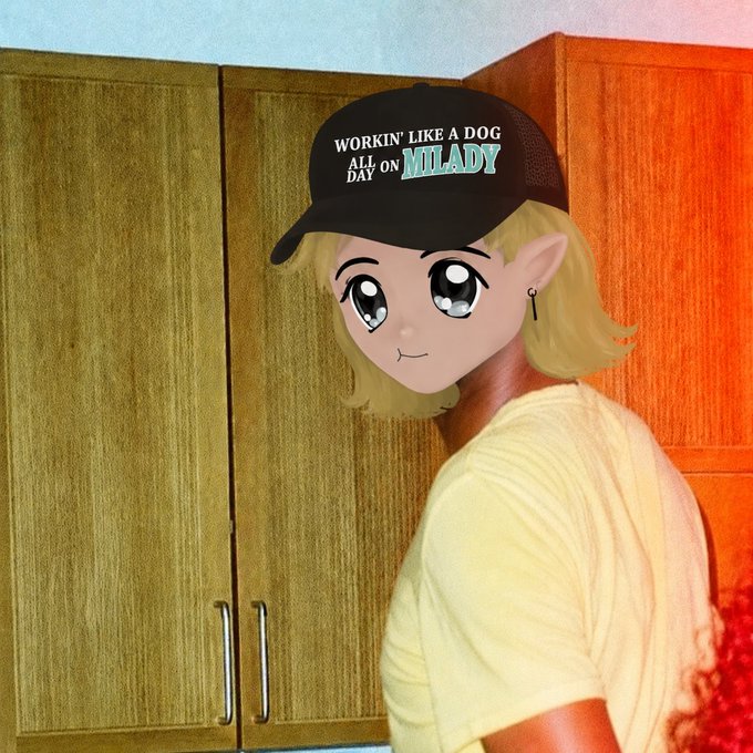 A person poses in front of wooden cabinets wearing a black cap that reads "WORKIN' LIKE A DOG ALL DAY ON MILADY," with an anime-style illustration of a blonde girl with large eyes superimposed over their face, tying into the Milady memecoin aesthetic referenced in the stealth launch promotion for $ZANSEM.