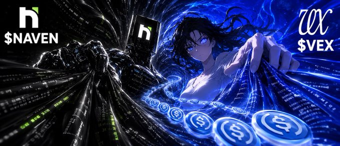 Anime-style artwork featuring an 'n' logo for '$NAVEN' and a stylized 'W' logo for '$VEX' with characters and digital/coin imagery against a blue background.