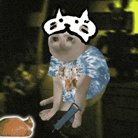 A humorous edited image shows a white cat wearing two smaller cat heads on top while wearing a blue shirt covered in cat photos, holding a gun.