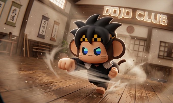 A 3D-rendered cartoon monkey character with spiky black hair, a yellow-checkered headband, and glowing blue eyes in a fighting stance inside a 'DOJO CLUB' dojo.