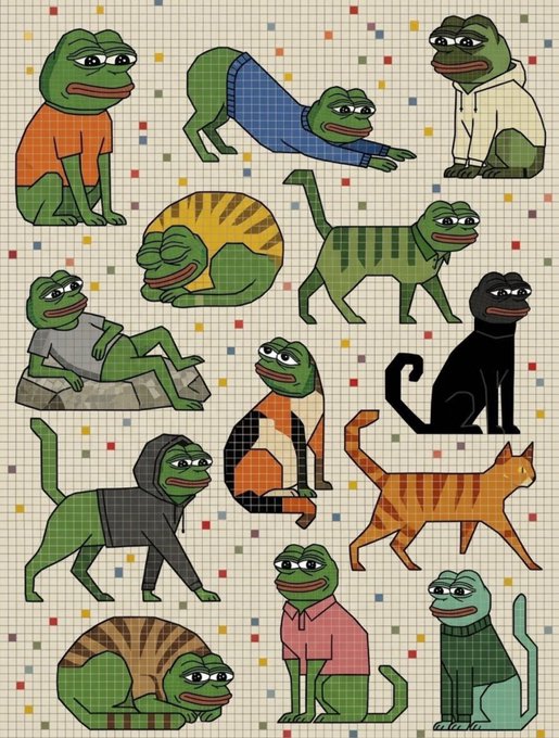 A pixel art illustration depicting the Pepe the Frog character in various costumes and animal forms, including a cat and a tiger, scattered across a grid background.