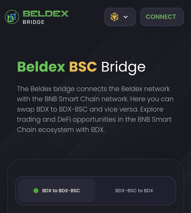 A screenshot of the Beldex Bridge webpage, describing it as a connection between the Beldex network and BNB Smart Chain for swapping BDX tokens.