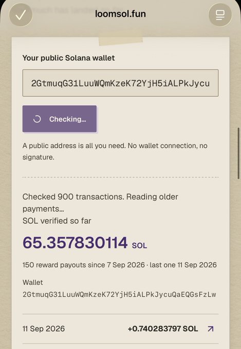 A mobile screen displaying a public Solana wallet at loomsol.fun shows a balance of 65.357830114 SOL, with the address beginning "2GtmuqG31LuuWQmKzeK72YjH5iALPkJycu" and a recent payout of +0.740283797 SOL on 11 Sep 2026.