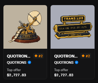 Two NFT listings titled 'QUOTRON...' are shown side by side, both with a '#2' tag and a 'Top offer' of $2,727.83. One features an illustration of a satellite dish device, while the other shows 'TRANS LUX' film projector equipment.