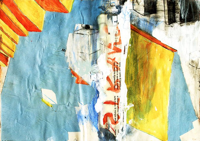 An abstract mixed-media collage featuring layered torn paper, painted brushstrokes in blue, yellow, and red, and fragments of text including 'nytimes' and 'St.', resembling weathered street posters.