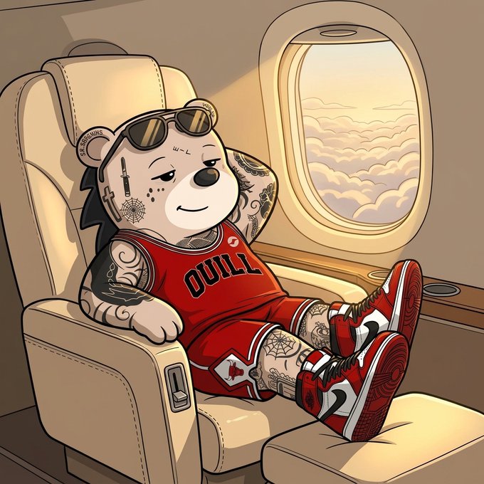 An illustration of a tattooed cartoon bear wearing sunglasses, a red 'BULL' jersey, and red sneakers, sitting in a first-class airplane seat.