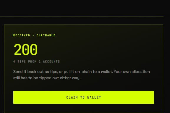 A dark interface showing 'RECEIVED - CLAIMABLE' amount of 200 tokens from 4 tips by 2 accounts, with a yellow 'CLAIM TO WALLET' button.