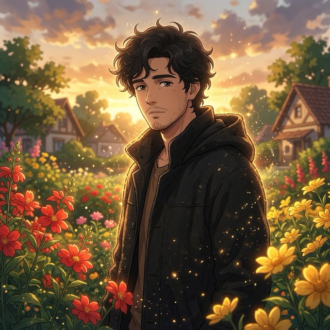 The image features a man standing in front of a garden filled with flowers, including red ones that are blooming beautifully. The man appears to be wearing a black jacket as he looks at the camera. The background of the image shows houses, indicating that this scene takes place in an urban setting or a residential area.